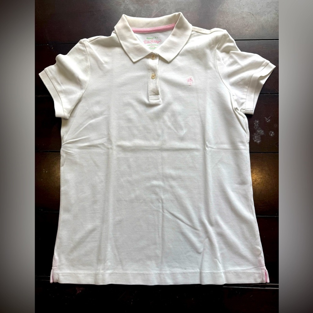 Lilly Pulitzer Resort White Pima Cotton EUC Polo Shirt SHORT Sleeve Size Small